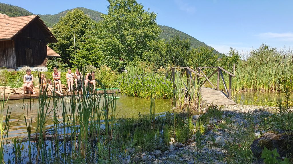 `Kinder sitzen am Naturteich, Natur- und Wildnisschule Dakawo Wolfisberg Schweiz`